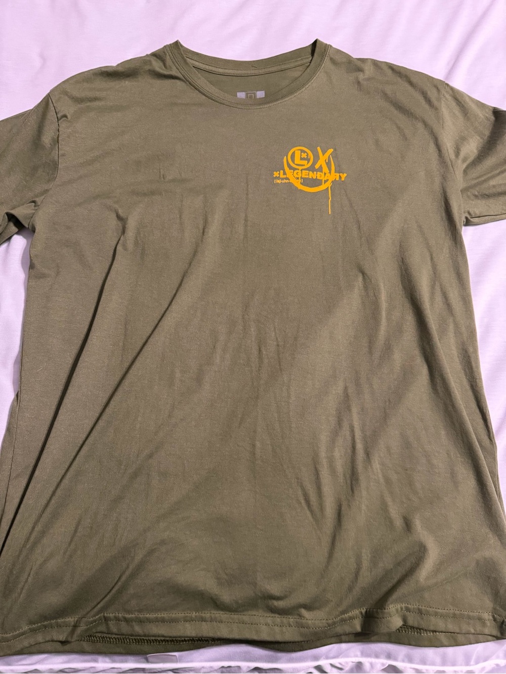 Legendary Olive Green Short Sleeve Tee with Yellow Chest Graphic